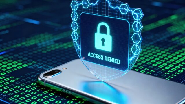 Digital security concept with a smartphone displaying a lock and access denied message.