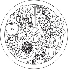 Healthy food bowl with fruits and vegetables, nutrition concept, minimalist line art, isolated on white background.