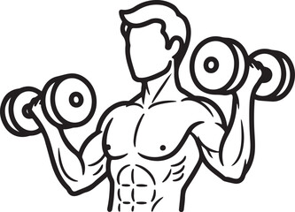 Muscular man flexing biceps, fitness and strength concept, minimalist line art, isolated on white background.