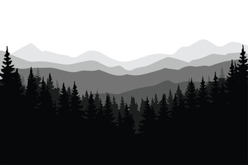 forest conifer silhouettes and misty mountain layers in monochrome landscape