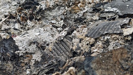 Close-up of a pile of mixed ash and burnt debris, revealing intricate textures and varying shades of gray, black, and white. A stark representation of destruction and the aftermath of fire.
