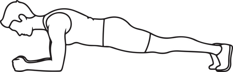 Person doing plank exercise, core strength and fitness concept, minimalist line art, isolated on white background.