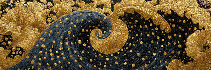 Stylized deep blue wave, adorned with shimmering golden dots, gracefully cresting amidst rich, swirling golden patterns, creating an opulent and harmonious visual