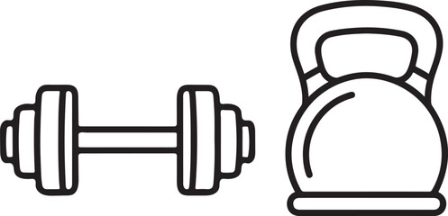 Dumbbell and kettlebell icons, fitness equipment concept, minimalist line art, isolated on white background.