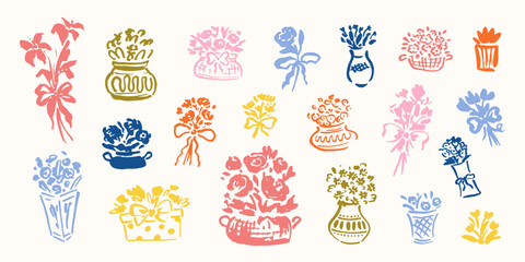 Set of hand drawn, sketch style flowers in vases, baskets. La dolce vita cute vector illustrations. Design for wedding card, birthday, anniversary, holiday greetings. Flower shop concept. Bouquetes.