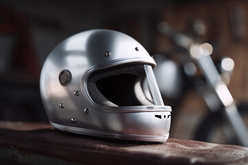 Sleek silver motorcycle helmet on leather, embodying freedom and safety. Ideal for automotive blogs, gear reviews, or conveying a sense of adventure.
