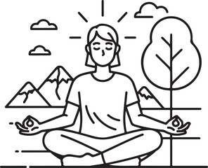 Man meditating outdoors with nature, mindfulness and wellness concept, minimalist line art, isolated on white.