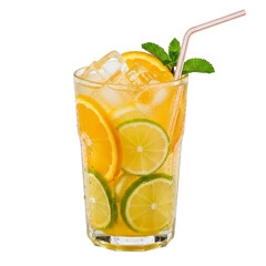 Fototapeta premium Orange and lime citrus drink with ice isolated on a transparent background
