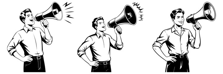 A set of illustrations featuring a man in retro style shouting into a megaphone. Concept of announcement, protest, communication, or public speaking. Pop art graphic.