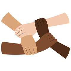 Flat style illustration of four diverse hands holding each other in a circle, symbolizing unity, support, friendship and equality. Multicultural teamwork and community concept.