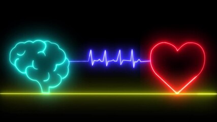 Abstract visualization of a human brain with glowing neural pathways and a vibrant heartbeat ekg line connecting to the mind 4K video - Powered by Adobe