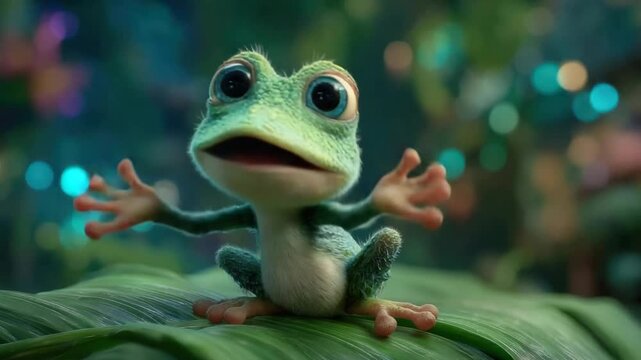 An animated frog with big blue eyes and open arms sits on a leaf, with bokeh background