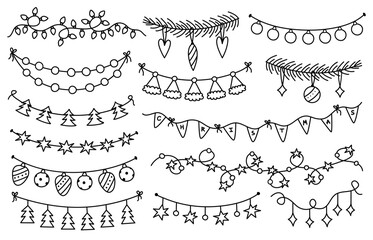 A set of various festive garlands, baubles, light bulbs for Christmas and other holidays. Vector hand-drawn illustration in doodle style. Perfect for seasonal and festive decor.