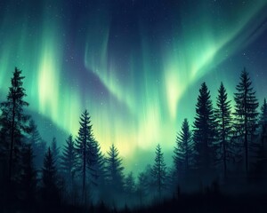 Fototapeta premium Forest clearing bathed in aurora light, peaceful and enchanted atmosphere