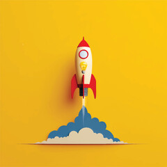 Obraz premium Creative Startup Concept Rocket Launch with Light Bulb Idea on Yellow Background Inspiring Innovation and Entrepreneurship Symbolizing Success and Business Growth