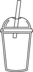 Plastic cup with lid and straw, beverage concept, minimalist line art, isolated on white background.