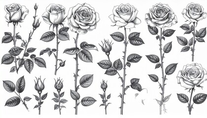 Black-and-white illustration of five rose stems showing bloom progression and botanical detail for editorial floral photography artistic decor and poetic transformation-themed visuals