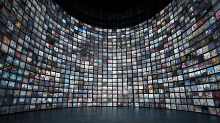 Video wall with multiple small digital screens showing abstract visuals and colorful content, representing technology, media, network, data, innovation, futuristic interface, display and connection