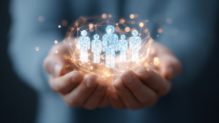 Man holds glowing team leaders with crown symbolizing success and leadership in business strategy