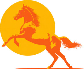 Rearing horse silhouette, orange sun, sunset, minimal, bold, dynamic energy