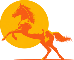 Rearing horse silhouette, orange sun, sunset, minimal, bold, dynamic energy