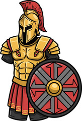 Spartan Warrior Vector Illustration with Gold Armor and Geometric Red Shield – Ancient Greek