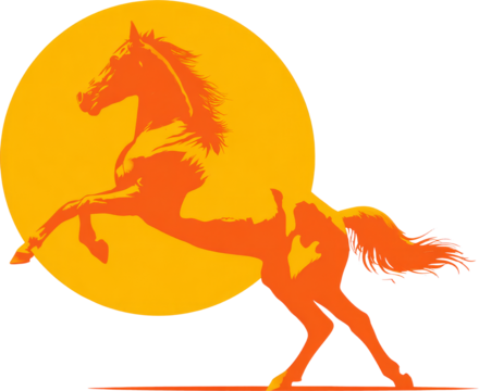 Rearing horse silhouette, orange sun, sunset, minimal, bold, dynamic energy