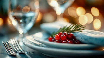 Elegant holiday table setting with cranberries, rosemary, and a folded napkin, creating a cozy and festive atmosphere