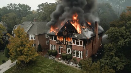 A residential building suffering a devastating structural disaster, intense flames and thick smoke creating immense calamity, widespread havoc in the quiet area.