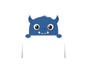 Cute blue cartoon monster with big eyes and horns peeking over a white surface with copy space