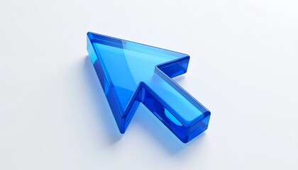 3D blue arrow cursor with translucent gloss and light reflections on white background for editorial UI design photography digital interface decor and poetic direction-themed visuals