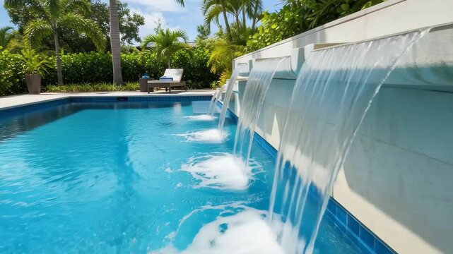 Serene backyard oasis with cascading waterfalls into a sparkling blue swimming pool, 4k high quality