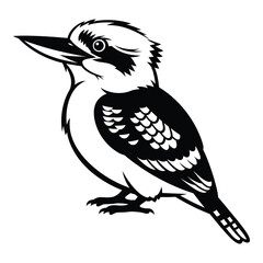 Stylized kookaburra vector illustration, black and white graphic design of australian native bird looking left, isolated on a clean background, perfect for logos and wildlife themes.