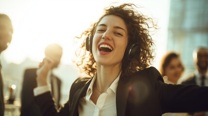 A woman wearing headphones enjoys the music while raising her arms in a lively atmosphere. The crowd around her engages socially, creating a vibrant and energetic setting.