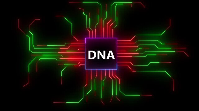 DNA Chip Circuit Board Neon Glow Futuristic Artificial Intelligence Data Stream