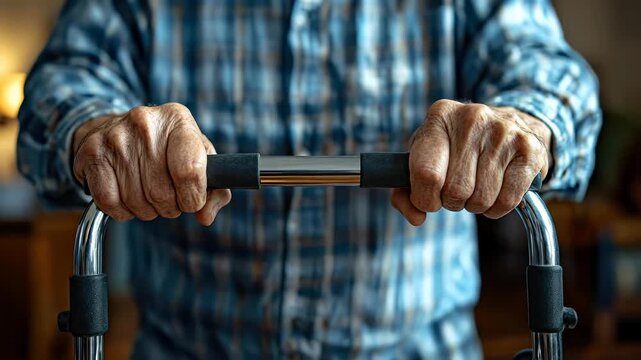 Aged hands grasp a metal walker, symbolizing resilience during recovery from ischemic, hemorrhagic, minor stroke, or transient ischemic attack. Visual narrative of overcoming.