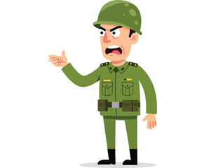 Angry cartoon soldier in military uniform shouting orders and gesturing aggressively against white background
