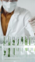 Man scientist wearing a lab coat, white protective gloves and face mask is dripping liquid into...