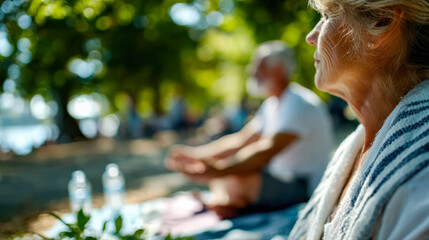 Peaceful woman meditating in a park, surrounded by nature, illustrating mindfulness, balance, and serenity