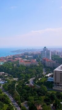Istanbul Bosphorus 4K aerial vertical video showcasing cityscape with lush green parks, waterfront and urban architecture. Stunning drone footage of Turkish metropolis straddling continents for mobile