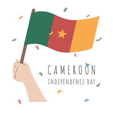 Illustration for Cameroon Independence Day featuring hand holding the flag of Cameroon. Flat vector design for patriotic campaigns, educational materials and cultural events.