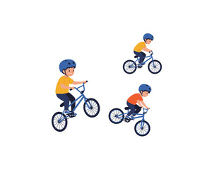 Fototapeta premium Three energetic young boys wearing helmets happily riding bicycles on a white background depicting active childhood fun and outdoor recreation