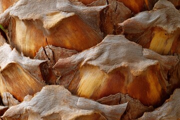 Palm tree bark showing intricate layers of tan and brown textures creating a rugged surface