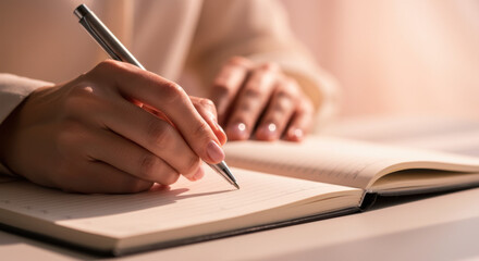 Close-up of hand holding pen over notebook, soft daylight, corporate detail shot