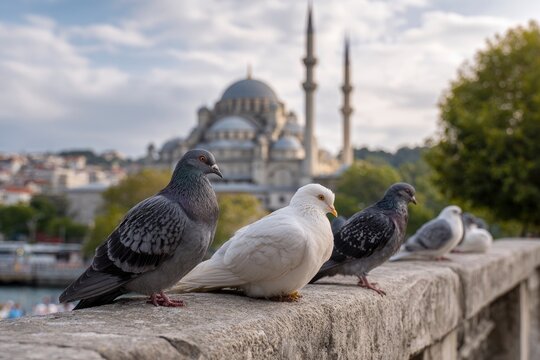 Pigeons perch on a ledge with a mosque in the background