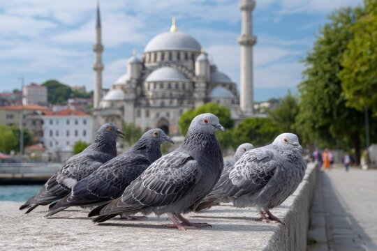 Pigeons perch on a wall mosque in the background Istanbul Turkey