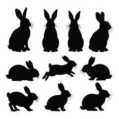 Collection of various black rabbit and bunny silhouettes in different poses and movements, isolated on a clean white background, ideal for easter, spring, animal, and pet-related designs and themes.