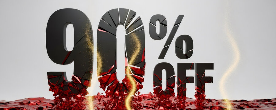 Black 90 percent off text with red shattered glass effect and golden dust. Discount and sale promotion for Black Friday.