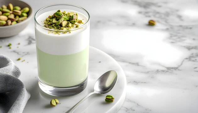 Creamy pistachio dessert served in glass high resolution photo