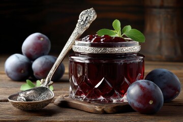 Plum jam in a crystal jar sits on a wooden board accented by plums and a silver spoon